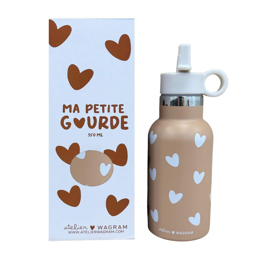gourde isotherme en acier inoxydable avec des motifs coeur pour bebe et enfant, repas atelier Wagram, le béguin de Charlie, Tours