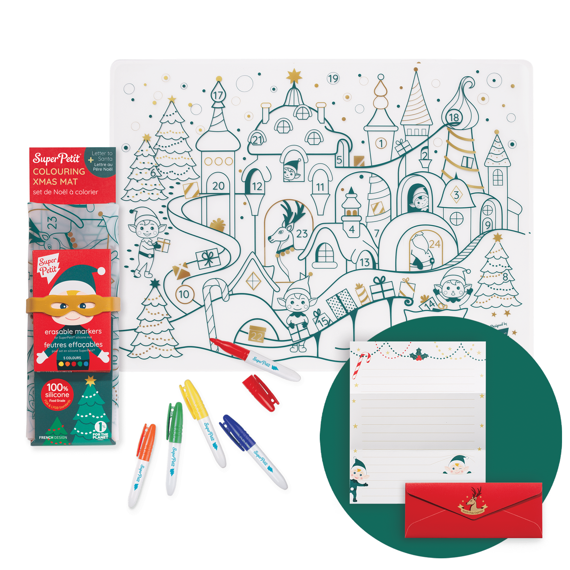 set réutilisable pour enfants sur le thème de Noel en silicone pour le restaurant ou autre activités le set est vendu avec des crayons et se lave à l'eau idée activités de la marque Super Petit le béguin de Charlie Tours