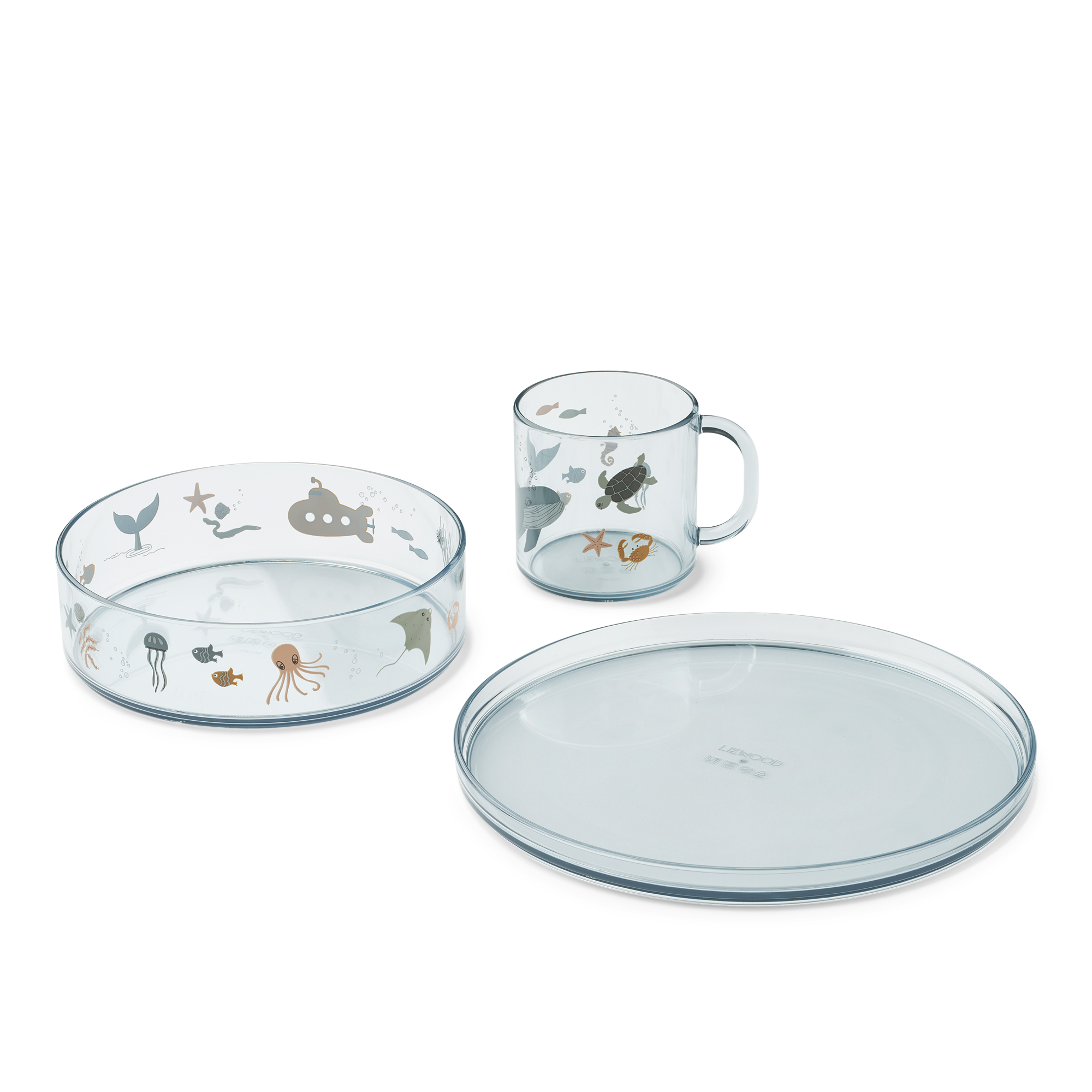 set de repas pour bébés et enfants avec assiette bol et tasse avec hanse au motif animaux de la mer de la marque Liewood chez le béguin de Charlie à Tours