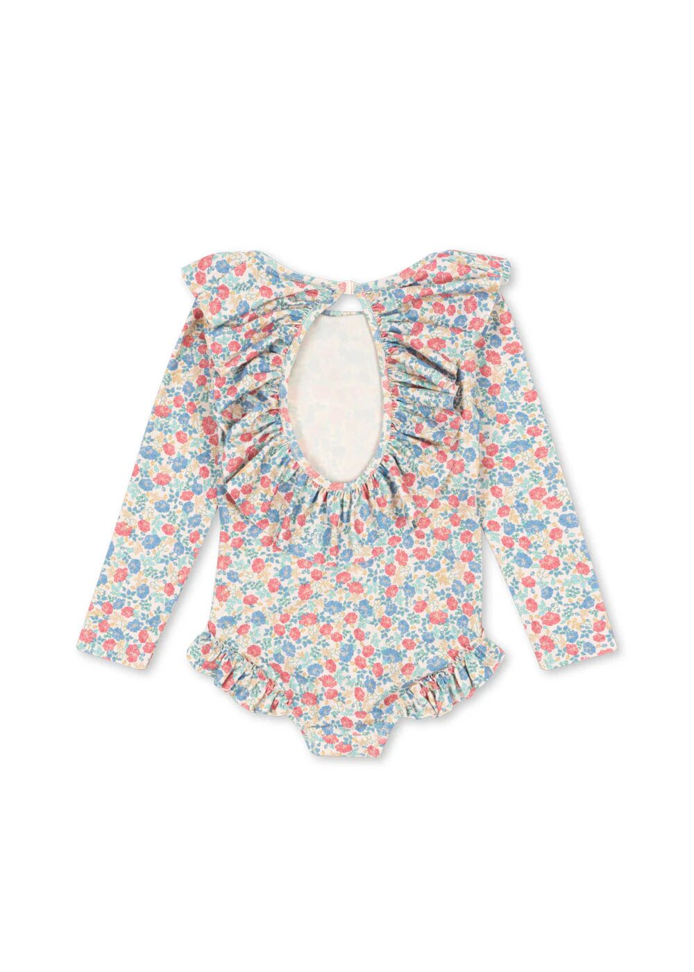 dos d'un maillot de bain une pièce avec un motif fleuri et des jolis volants - marque Konges Slojd - disponible en ligne ou en boutique chez Le béguin de Charlie à Tours