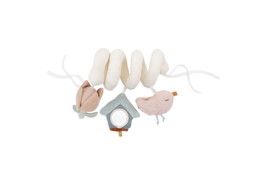 spirale d'activité jouet pour poussette pour voiture et berceau avec des jouets sur le thème des oiseaux - marque Jollein Lovely birds pour l'éveil des enfants et des bébés - disponible en ligne et en boutique chez Le béguin de Charlie à Tours