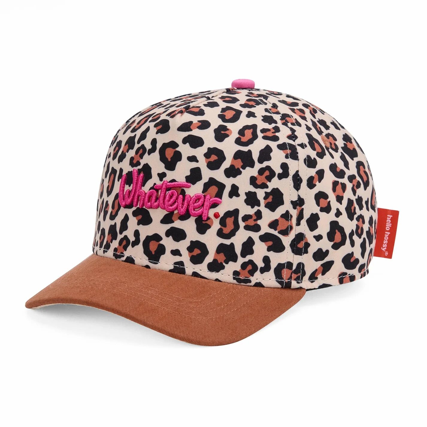 casquette léopard avec écriture rose whatever enfants et adultes de la marque Hello Hossy chez Le béguin de Charlie