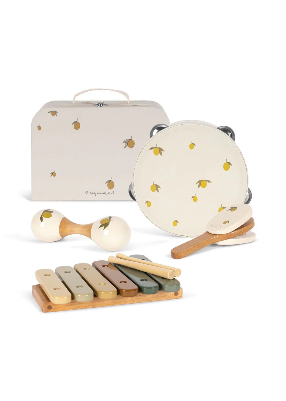coffret musical citron avec set d'instruments de musique en bois pour bébés et enfants - jouets famille Groove - de la marque Konges Slojd - disponible chez Le béguin de Charlie en ligne et en boutique