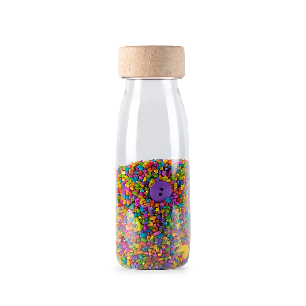 bouteille sensorielle avec son pour bébé et enfants boutons de toutes les couleurs- jouet d'éveil - idée cadeau de naissance - de la marque Petit Boum - disponible en ligne et en boutique chez Le béguin de Charlie à Tours