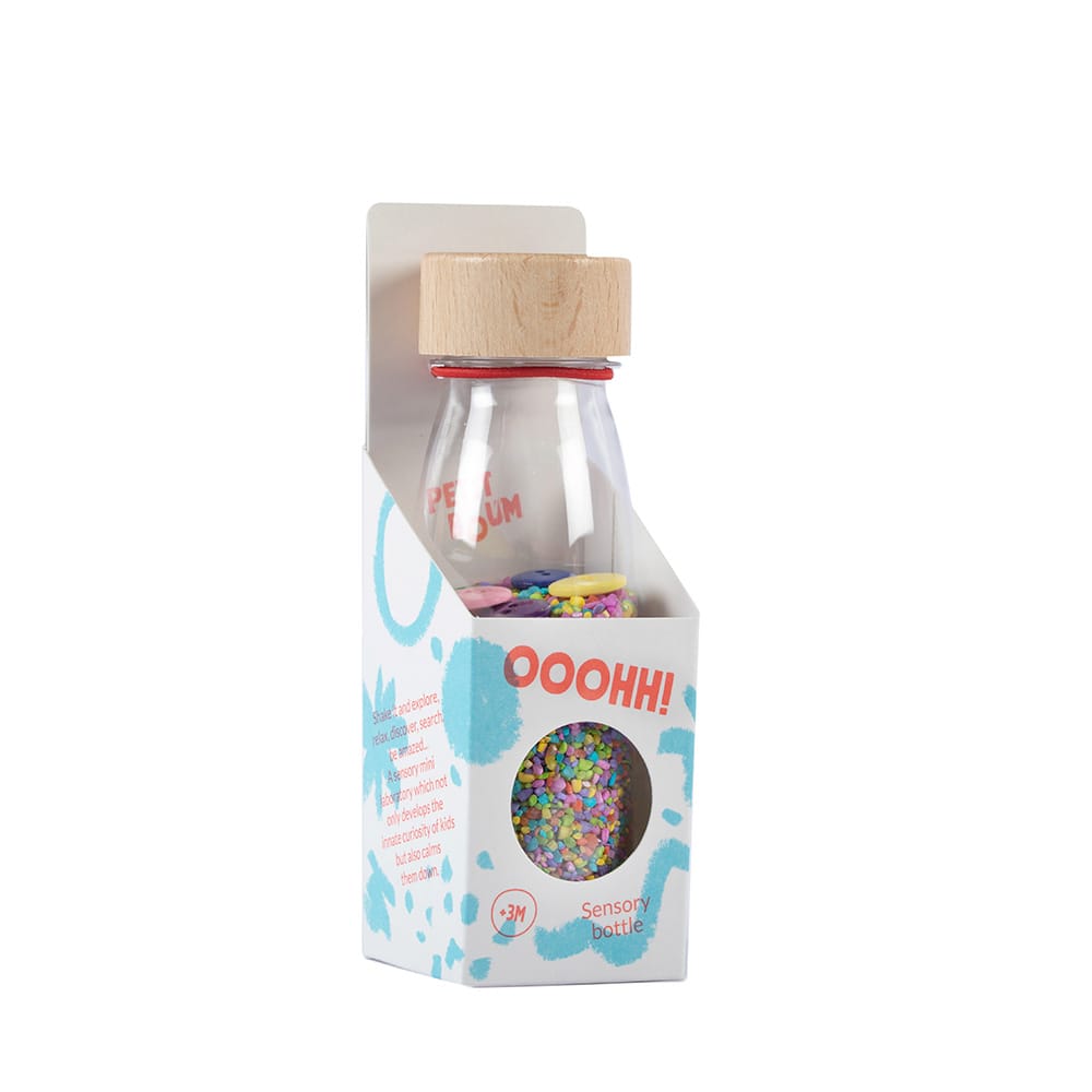 bouteille sensorielle boutons colorés pour bébé et enfants - jouet d'éveil - idée cadeau de naissance - de la marque Petit Boum - disponible en ligne et en boutique chez Le béguin de Charlie à Tours