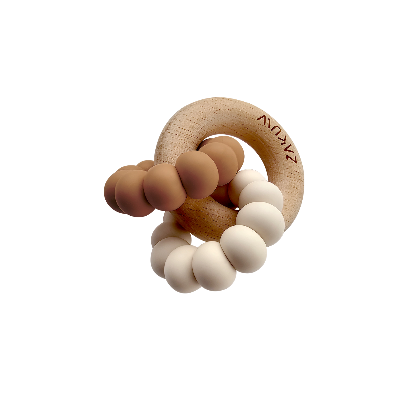 anneau de dentition pour bébé couleur Moka - anneau en bois avec silicone pour les gencives des bébés - de la marque Zakuw - idée cadeau de naissance - disponible en ligne ou en boutique chez Le béguin de Charlie à Tours