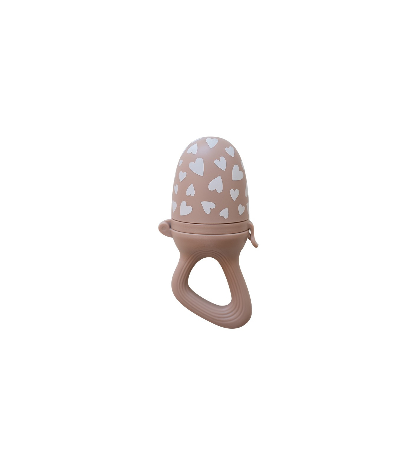 tétine grignoteuse Love taupe - indispensable pour la diversification alimentaire - idée cadeau de naissance - tétine grignoteuse de la marque Zakuw - disponible en ligne et en boutique chez Le béguin de Charlie à Tours