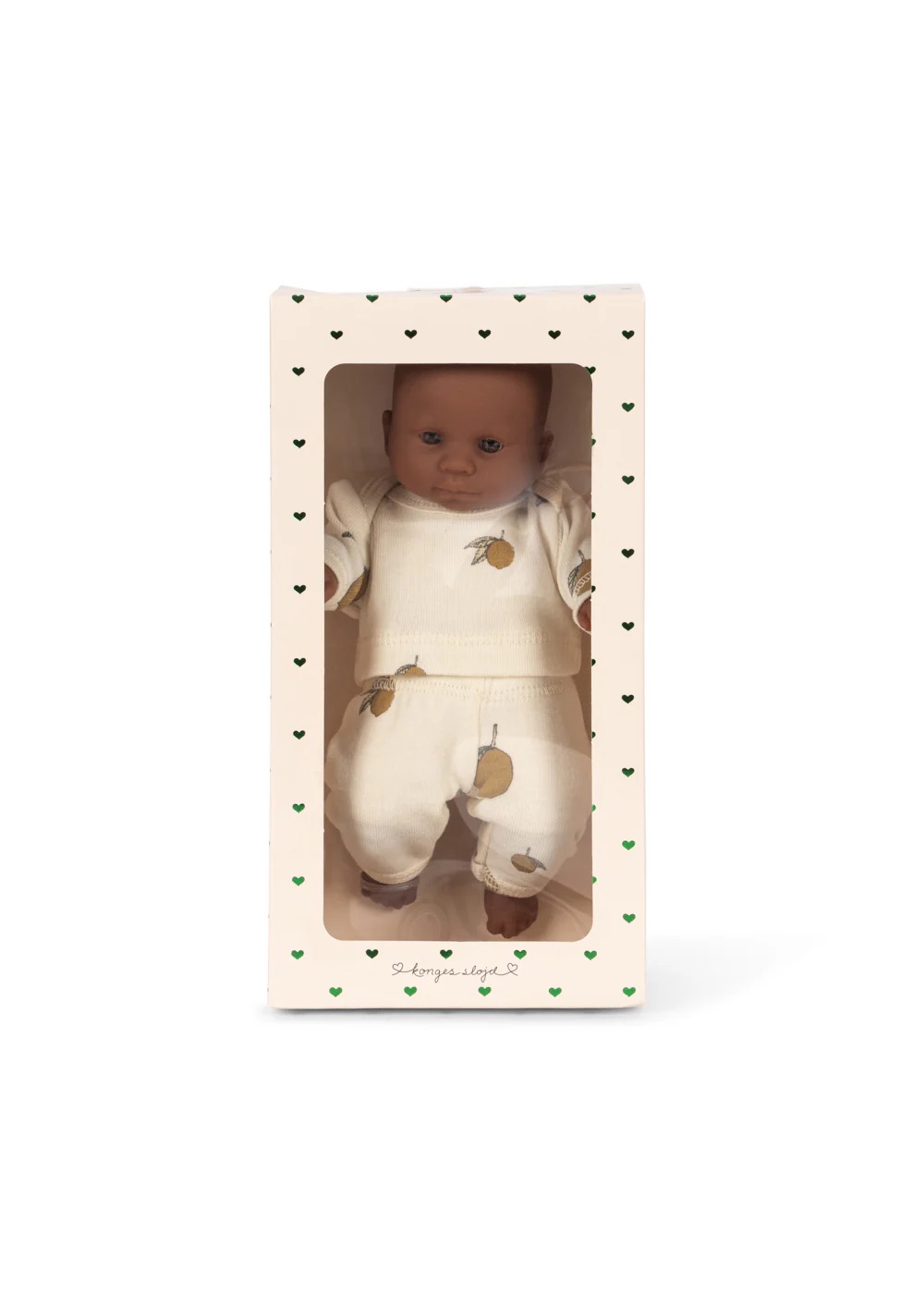mini poupon pyjama citron dans sa boîte, jouet enfant de la marque Konges Slojd